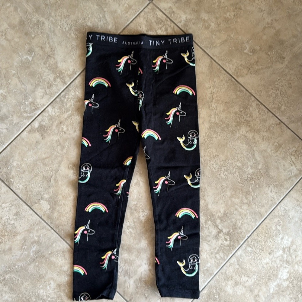 Tiny Tribe Black Unicorn + Rainbow Leggings, Size 4 - Like New